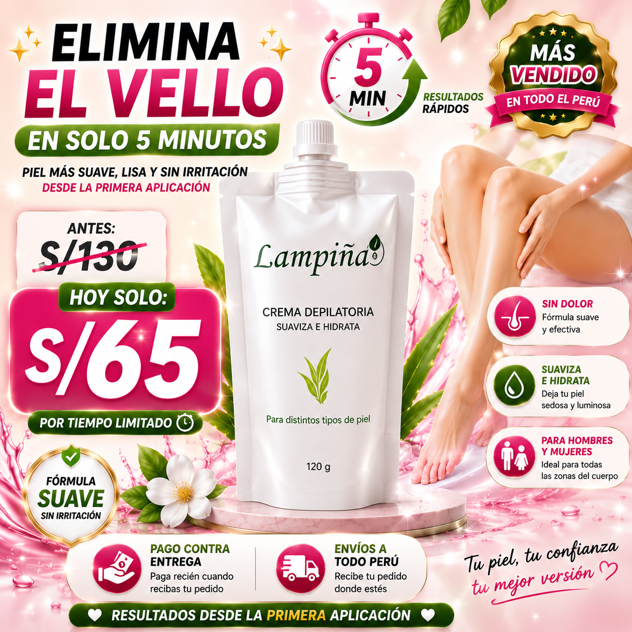 Crema Depiladora LAMPIÑA - Piel suave y limpia en minutos.