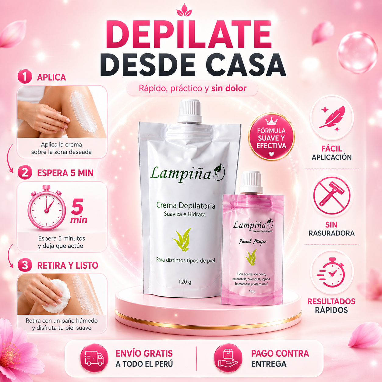 Crema Depiladora LAMPIÑA - Piel suave y limpia en minutos.